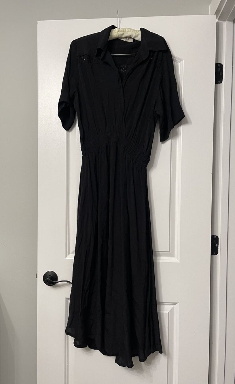 AURA Black Midi Dress Short Sleeve Collared Lace Accents Belted Career Casual M